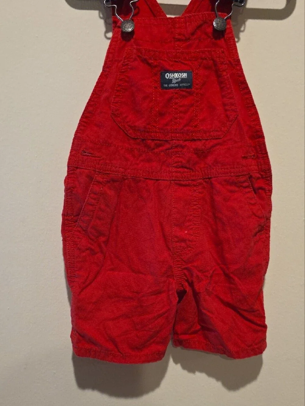 OshKosh B'gosh Red Corduroy Short Overalls with Striped Straps Size 2t 2a